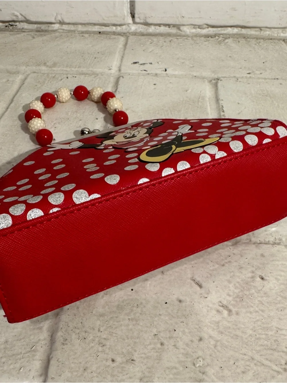 Vintage Disney Minnie Mouse Handbag Chunky Beaded Handle Red Polka Dot Bow Clasp